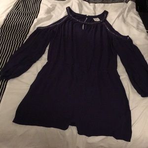 Navy blue open shoulder long sleeve romper